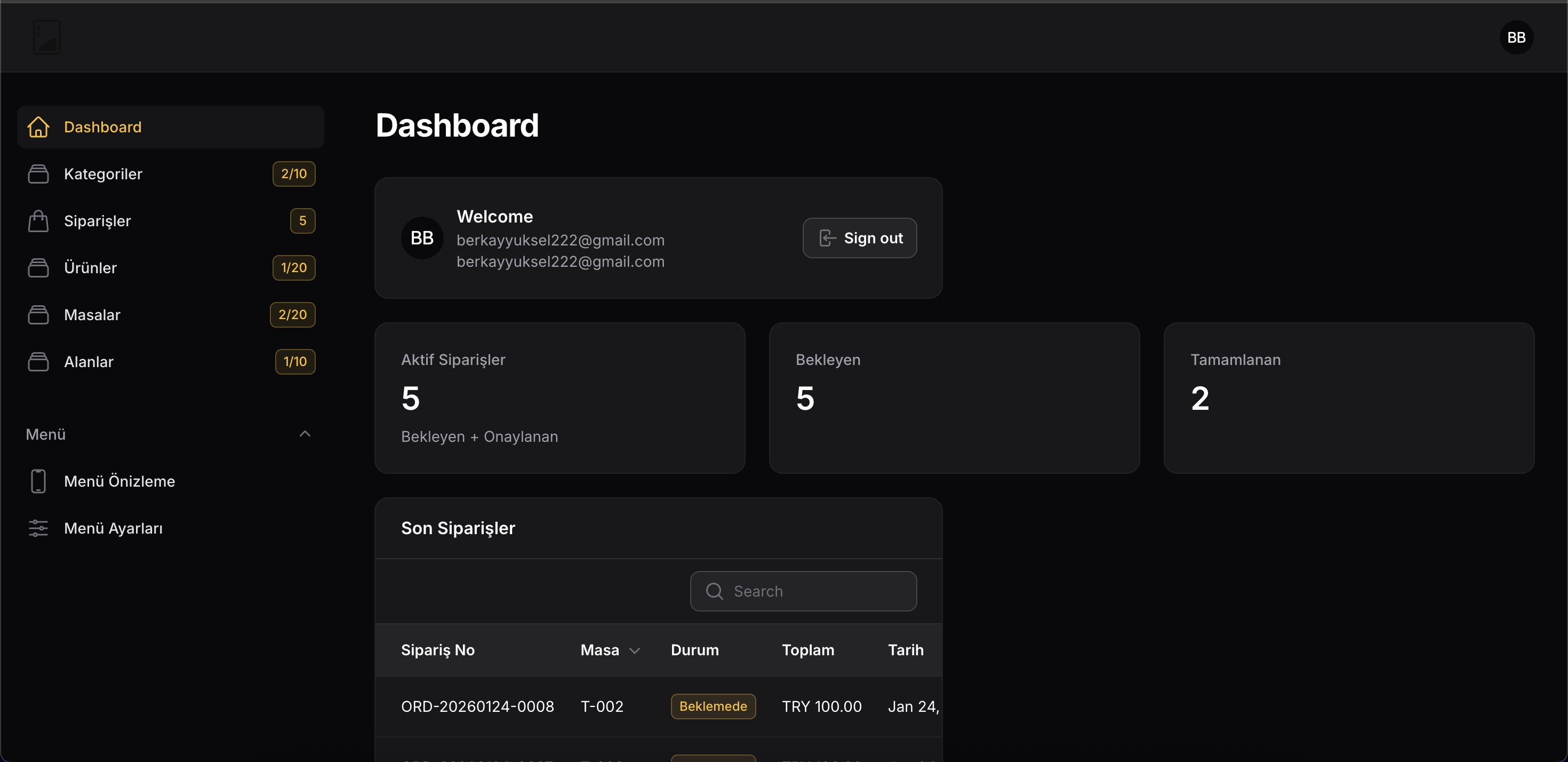 Admin paneli sipariş ve özet ekranı